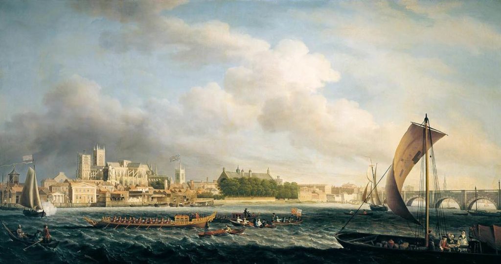 Barges sur la Tamise au pont de Westminster Samuel Scott