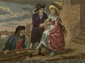 Dame embarquant à bord d'un bachot (wherry) au 18ème siècle.