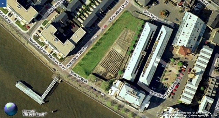 Site de lancement du Great Eastern vu du ciel, à Burrells Wharf, Isle of Dogs.